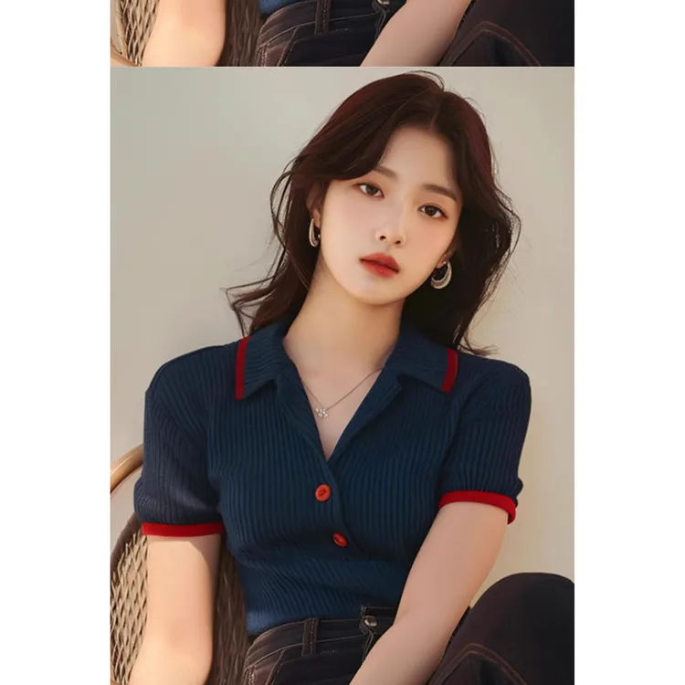 拉夏贝尔2025夏季复古港风撞色翻领修身针织衫女设计感小众上衣女