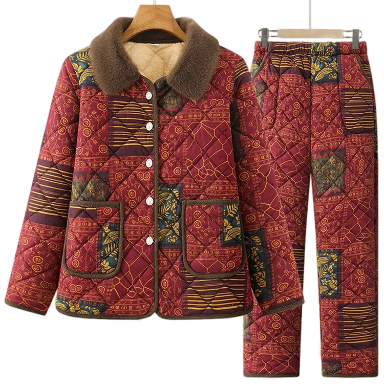 中老年女装冬装保暖套装加绒加厚妈妈装棉衣棉裤居家两件套奶奶装