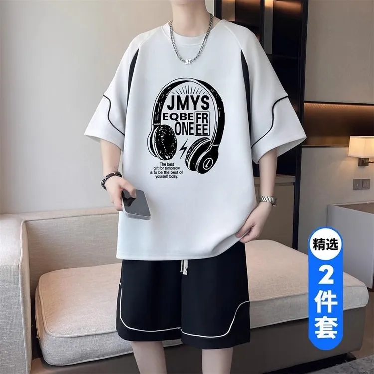 宽松休闲慵懒风男大学生套装印花帅气百搭运动两件套装夏季2025新
