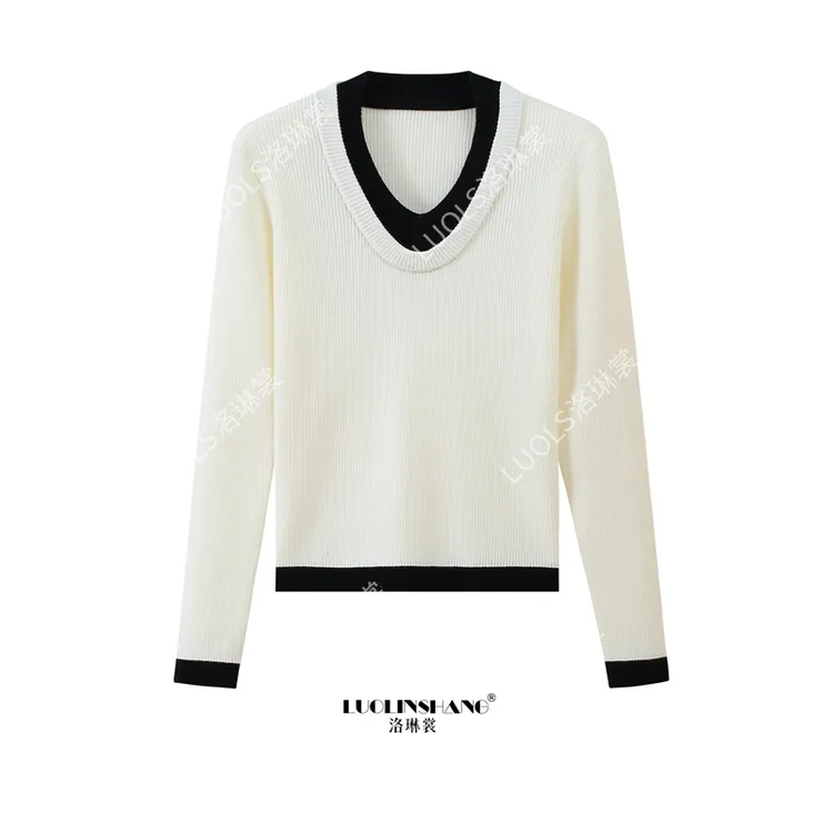 拼色假两件针织衫2025新款秋冬内搭高级感上衣简约百搭撞色毛衣女