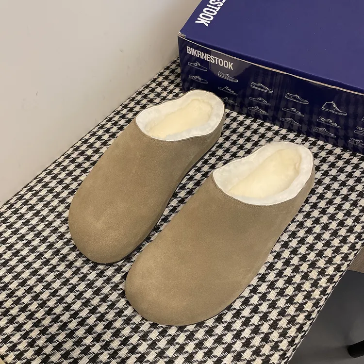 秋冬情侣款勃肯包头外穿半拖加绒毛里保暖时尚极简松穆勒拖毛拖