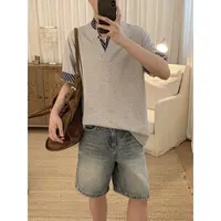 阿茶与阿古灰色假两件条纹拼接短袖t恤夏季宽松休闲上衣A2505518
