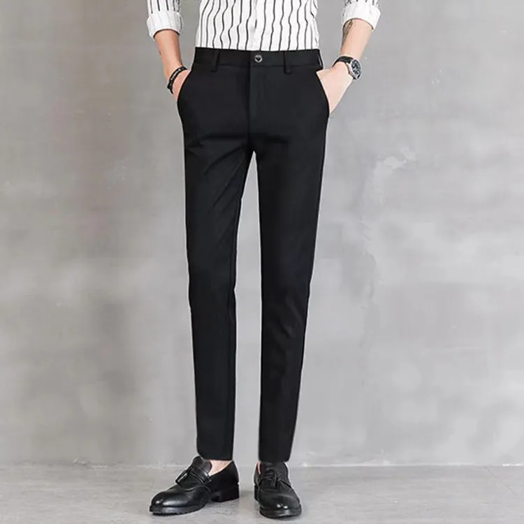 夏季男士百搭休闲裤薄款修身小脚黑色弹力商务西裤韩版潮流九分裤