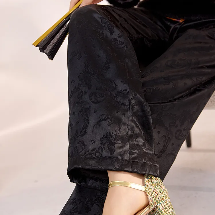 新中式气质感醋酸刺绣直筒裤冬季新款国风百搭设计加棉长裤 MY074