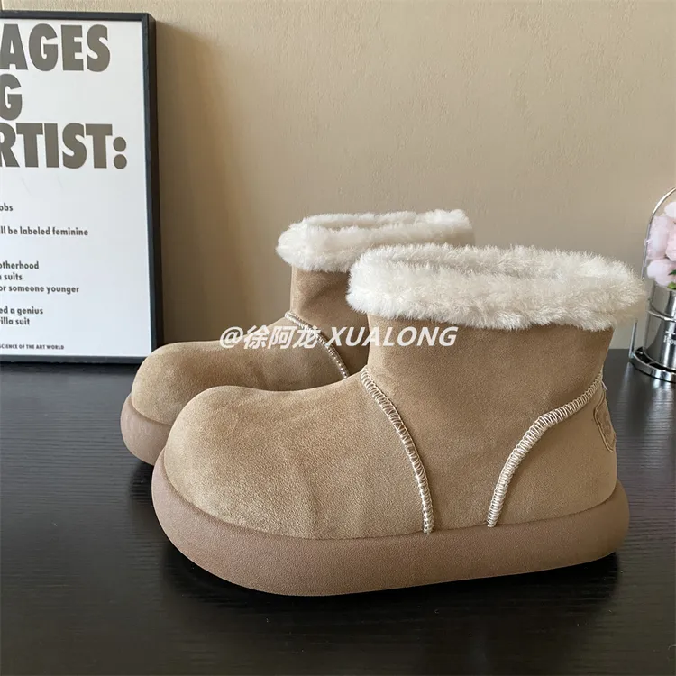 小土豆毛毛雪地靴女2025年冬季新款厚底丑萌棉鞋加绒大头保暖短靴