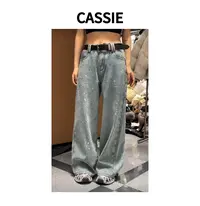 CASSIE满天星重工烫钻牛仔裤女2025冬季新款宽松百搭加绒阔腿裤子