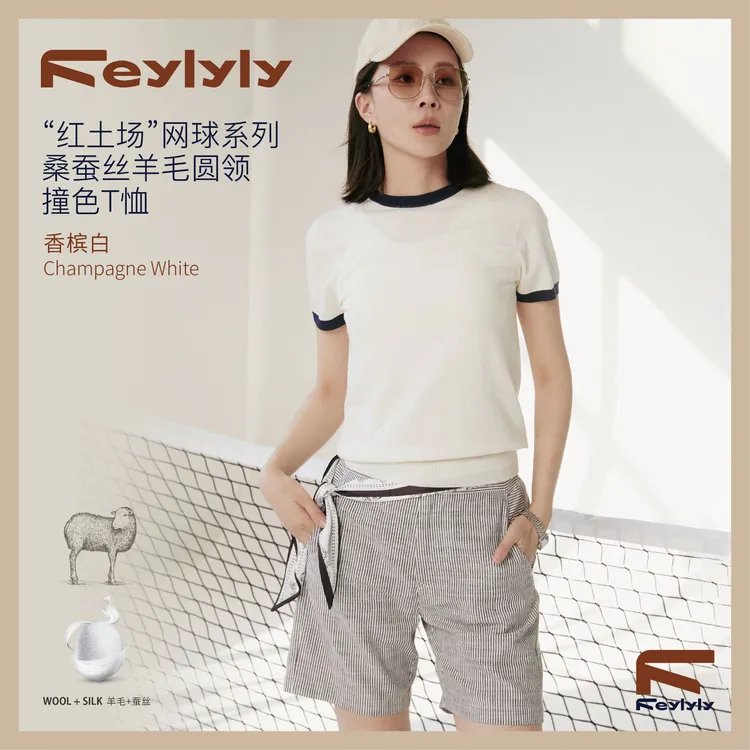FEYLYLY时尚女士短袖圆领显瘦跑步透气百搭羊毛桑蚕丝亲肤气质