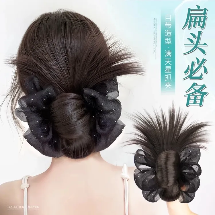 低扎丸子头假发抓夹慵懒感盘发发包造型自然蓬松后脑勺鸡毛假发圈