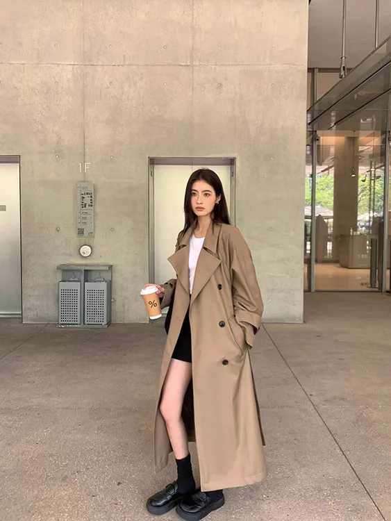 春秋大码正肩长款时尚韩版小个子胖mm韩系显瘦垂感风衣长袖大衣