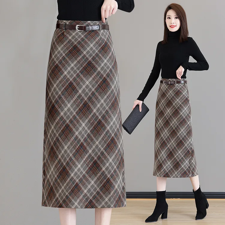 拉夏贝毛呢格子半身裙女2025秋冬季新款高腰中长款a字一步包臀裙