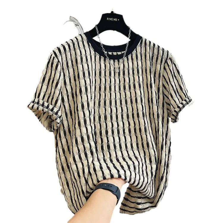 2025新款镂空条纹短袖T恤男胖子夏季宽松时尚半袖上衣体恤薄