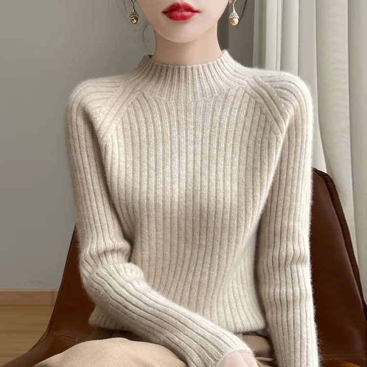 高端时尚品牌100纯羊毛衫女秋冬半高领加厚细条纹毛衣百搭针织衫