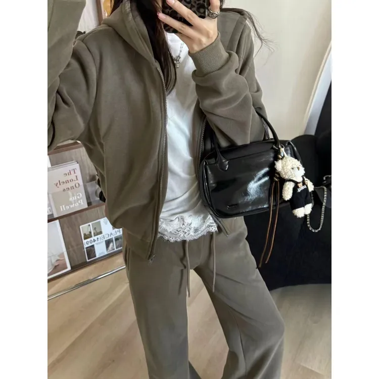 SP 【快速出门】 双面绒连帽拉链卫衣外套女休闲微喇卫裤套装  