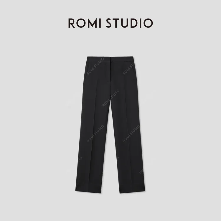 ROMI STUDIO“自我轮廓”桑蚕丝羊毛黑色优雅直筒西裤 RWCRXW3706