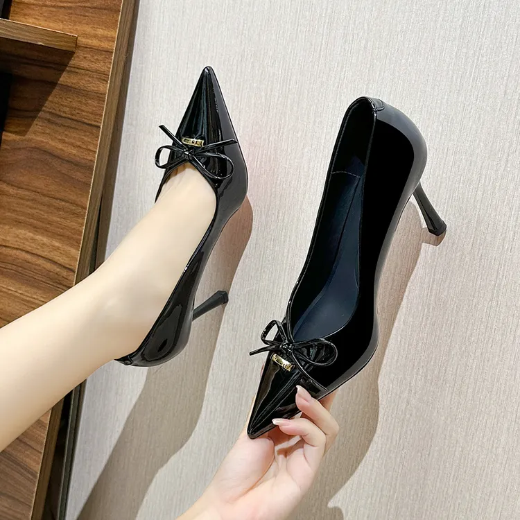 8公分 冬季新款高跟女鞋时尚百搭黑色经典尖头单鞋浅口鞋小个子