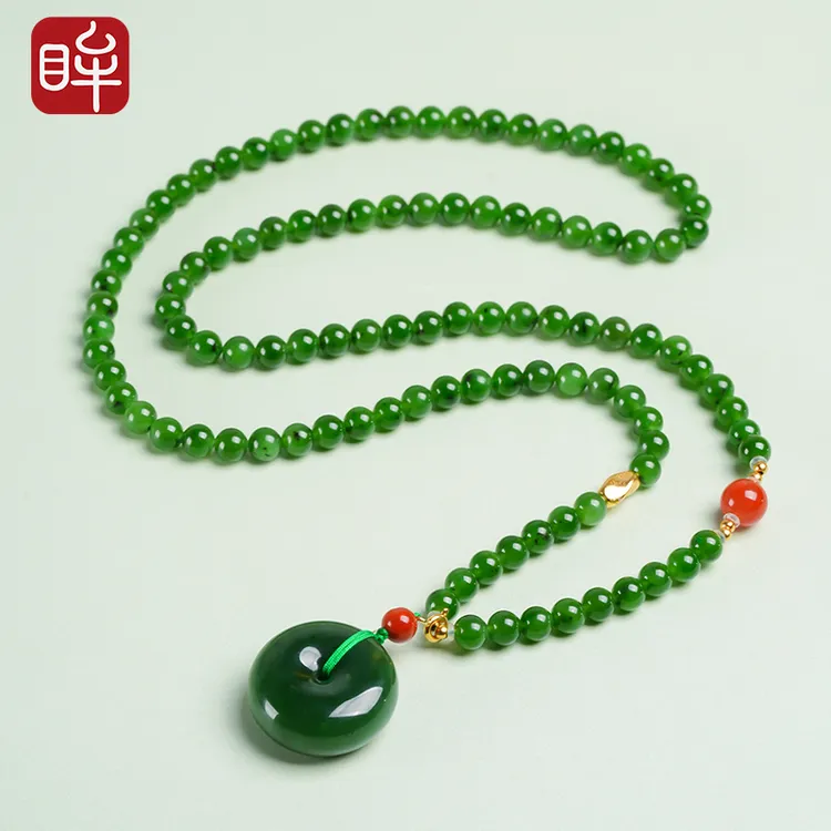 印象眸和田玉项链 女款碧玉平安扣菠菜绿颈饰长链 附证书 NT礼物