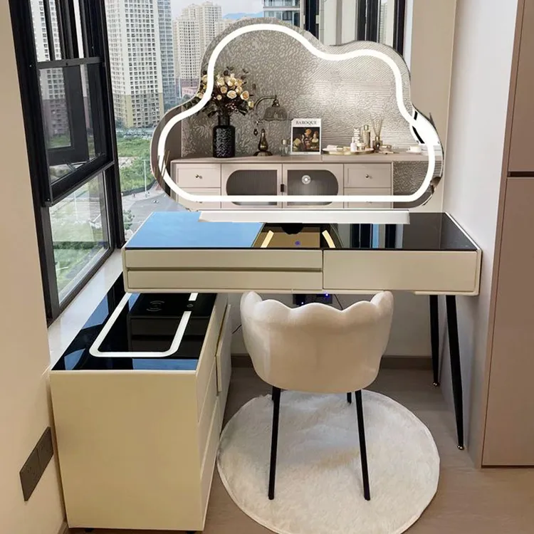 实木岩板智能梳妆台奶油风斗柜现代简约无线充电多功能新款化妆桌
