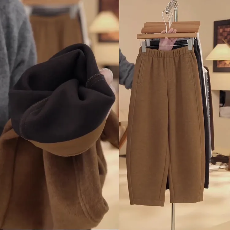 舒羽绒澳毛裤加厚加绒九分窄版弯刀裤松紧腰羊毛裤保暖显瘦香蕉裤