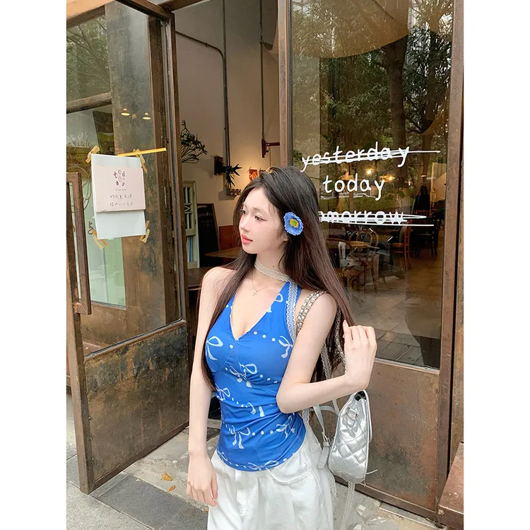 纯欲辣妹性感短款蝴蝶结印花挂脖吊带背心女夏设计感修身显瘦上衣