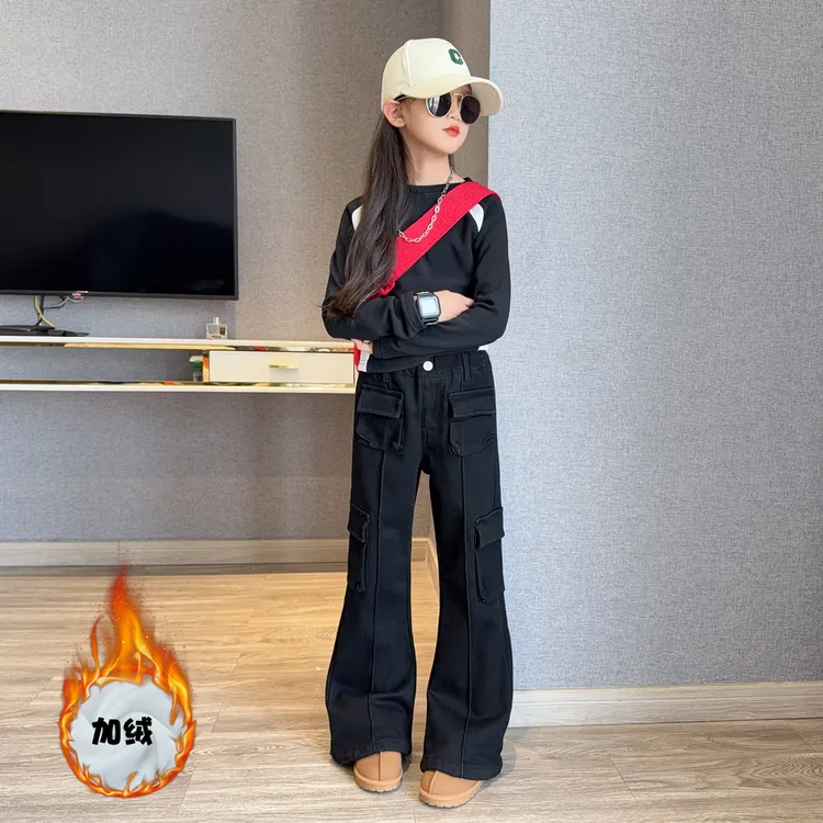 女童炸街工装裤两件套2025秋冬新款儿童加绒加厚爵士舞马蹄裤套装