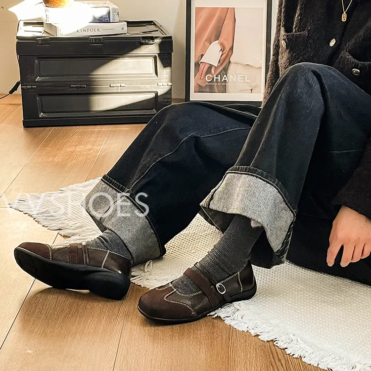 简约深色厚底一字扣小皮鞋时尚复古软底百搭英伦风玛丽珍女鞋