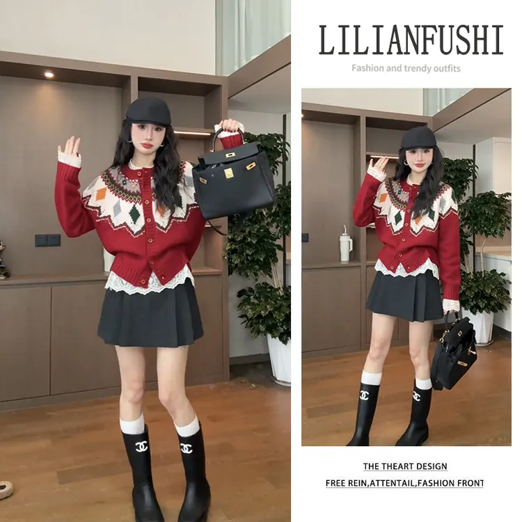 2026秋冬新款宽松红色长袖针织开衫百搭蕾丝打底衫显瘦短裙两件套