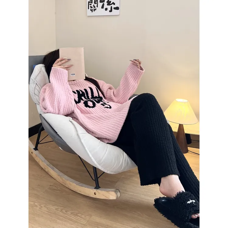 韩系ins字母针织半边绒睡衣女秋冬季新款保暖加厚毛衣家居服套装