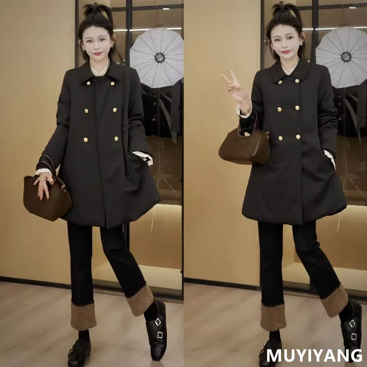 【墨章】独特超好看简约双排扣高定版棉衣外套 衣长82 25-650#