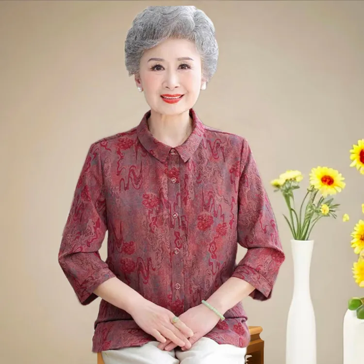 中老年人新款女装妈妈春秋薄衬衫奶奶夏装七分袖老太太上衣服翻领
