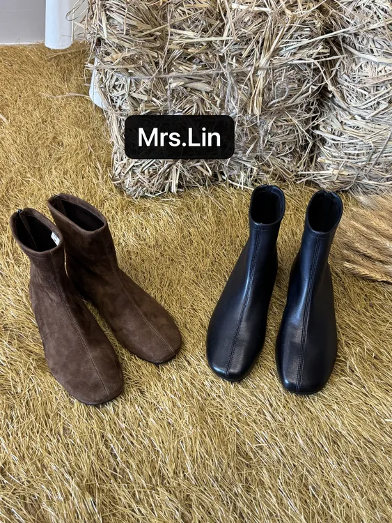 【Mrs’lin】内增高3cm植鞣羊皮时尚百搭弹力瘦瘦靴女平底方头短靴