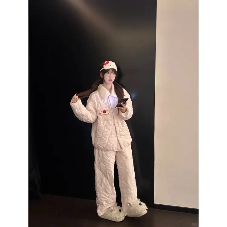 粉色棉服甜美卡通夹棉睡衣女冬季新款加厚保暖长袖长裤家居服套装