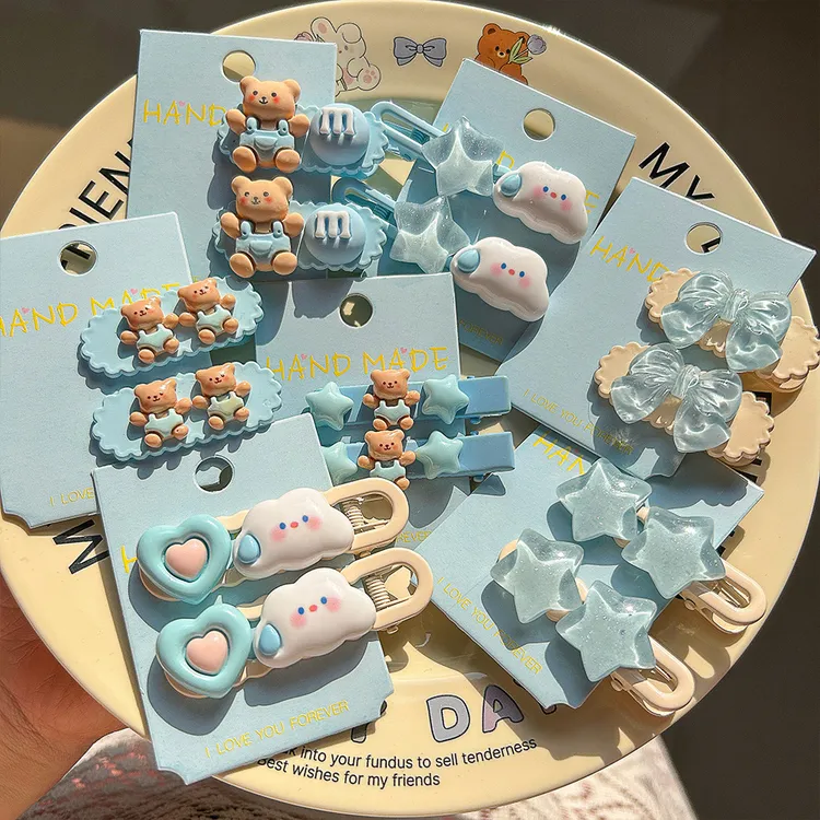2只装！蓝色小熊爱心发夹~甜美少女云朵蝴蝶结BB夹侧边夹发饰头饰