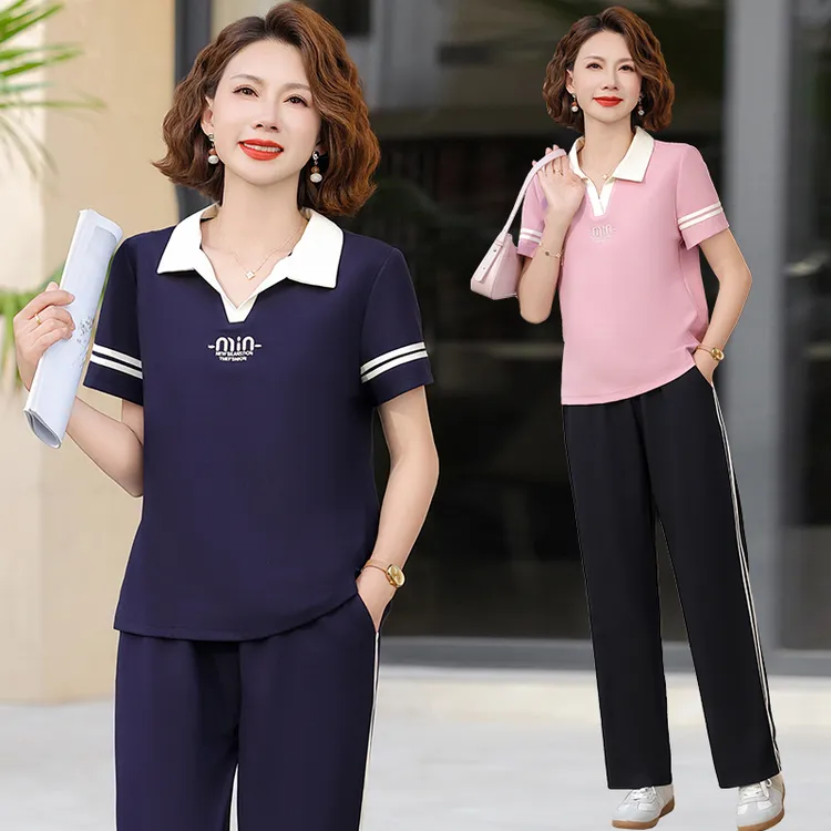 妈妈夏装运动服套装洋气短袖T恤2025新款中老年女夏季上衣两件套