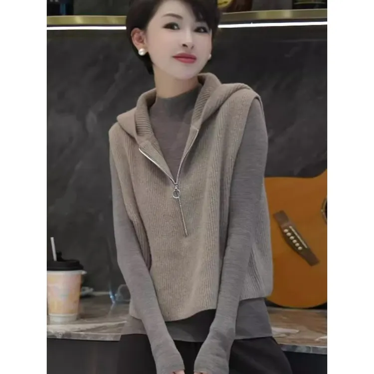 欧货高端大牌纯色无袖针织马甲2025秋季新款连帽设计感马夹上衣女