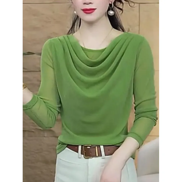 中年女士2025秋季新款堆堆领长袖T恤女弹力网纱打底衫妈妈装上衣