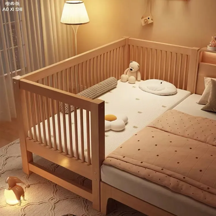 澳西施榉木拼接床儿童床可调大床带护栏床边加宽单人床宝宝婴儿床