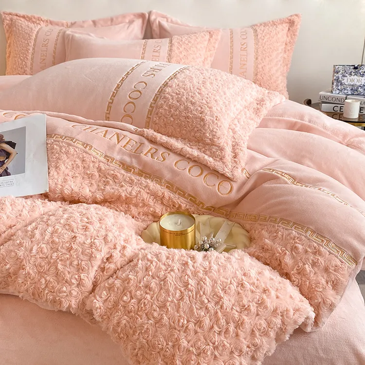 轻奢牛奶绒四件套高级感刺绣被套加厚双面绒珊瑚绒床单法兰绒床品