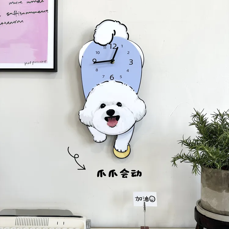 原创卡通比熊狗狗摇摆款创意装饰挂墙钟表客厅卧室静音时钟挂钟饰