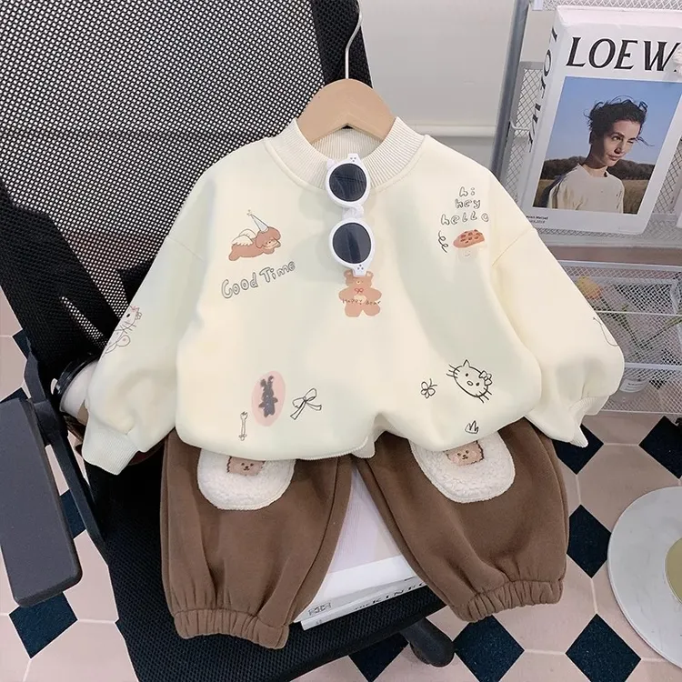 女童加绒卫衣套装秋冬款2025新款洋气儿童加厚保暖宝宝裤子两件套