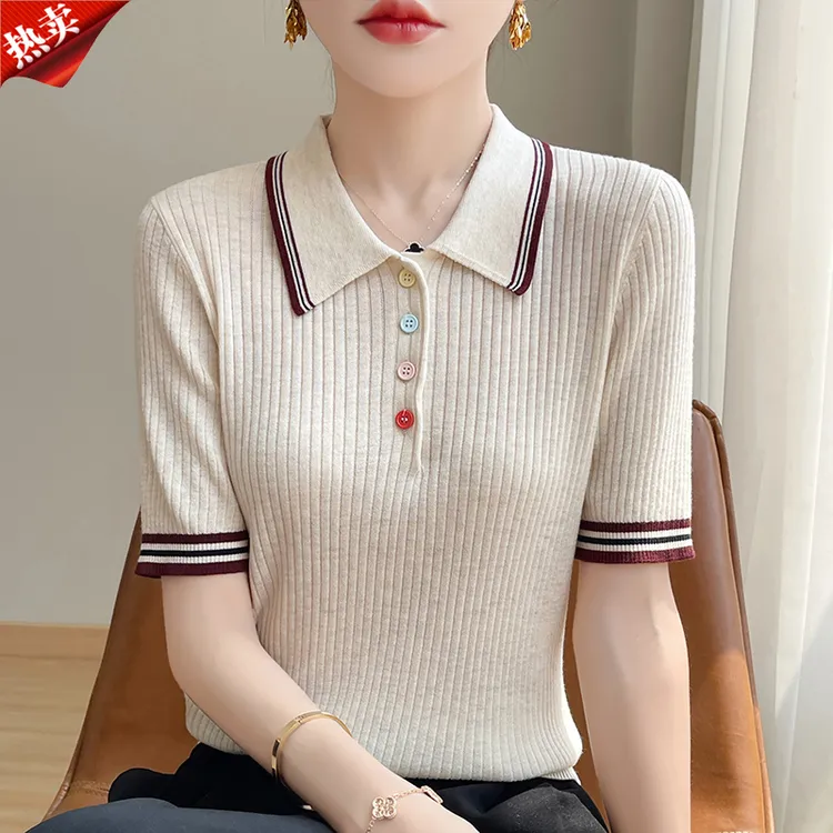 哥弟阿玛施正品新款通勤简约百搭针织衫夏季短袖减龄拼色翻领上衣