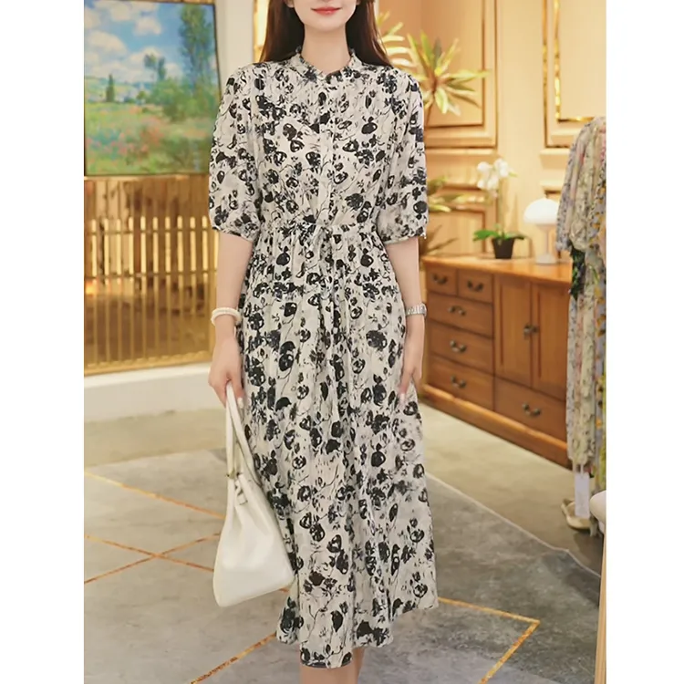 【堇兰桑蚕丝】春夏气质真丝裙印花收腰桑蚕丝连衣裙女YYQ22-9901