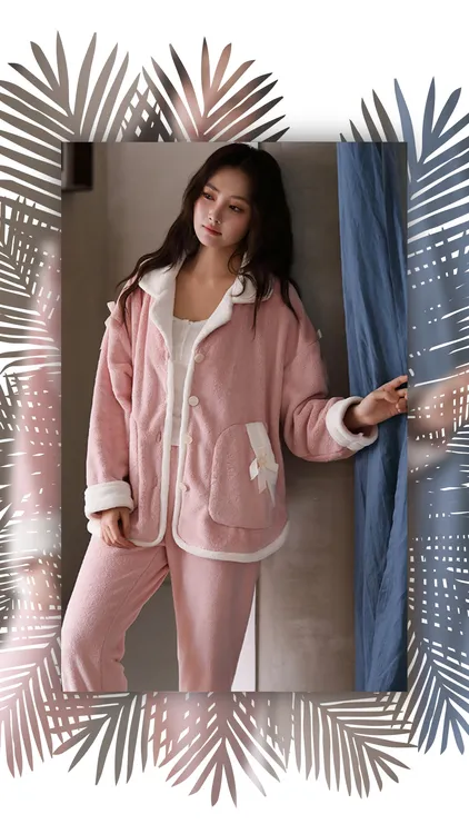 2025新款睡衣女士冬季法兰绒长袖粉色开衫加绒加厚保暖家居服套装