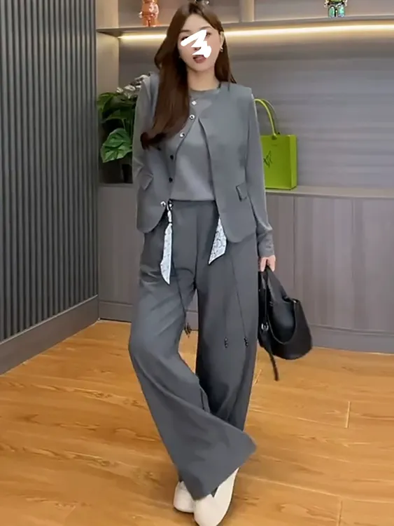 胖MM轻职风时尚气质减龄显瘦休闲长袖女装套装秋季新款穿搭三件套