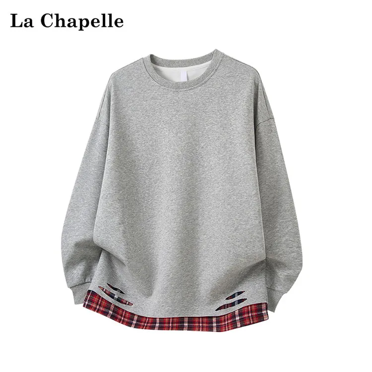 La Chapelle/拉夏贝尔秋季假两件圆领套头卫衣潮流破坏风长袖上衣