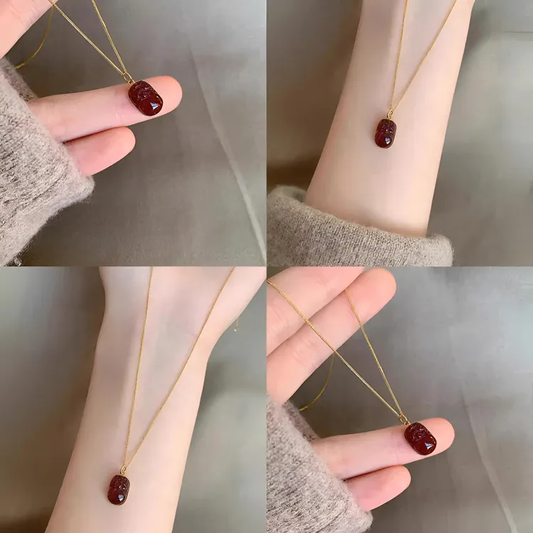 铜合金项链 暗红色招财貔貅项链吊坠复古风新中式国潮女款锁骨链