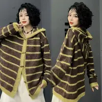 亿火常规宽松网红针织秋冬女条纹中长款连帽毛针织衫G13-88111