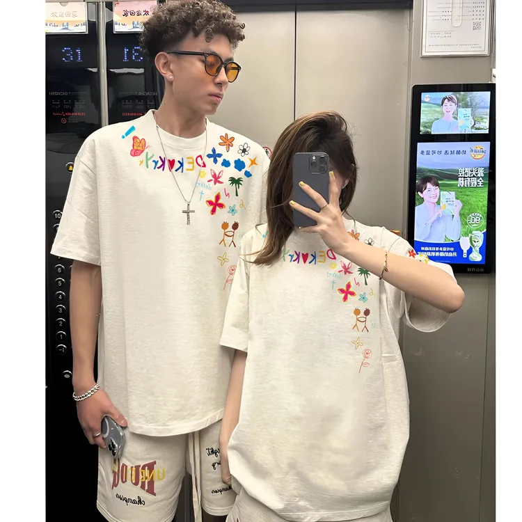 vibe潮牌花卉印花短袖T恤男春夏季休闲百搭宽松重磅纯棉情侣上衣