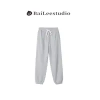 【柏栗良品】韩版束脚纯棉松紧腰纯色简约休闲哈伦加绒卫裤女815S