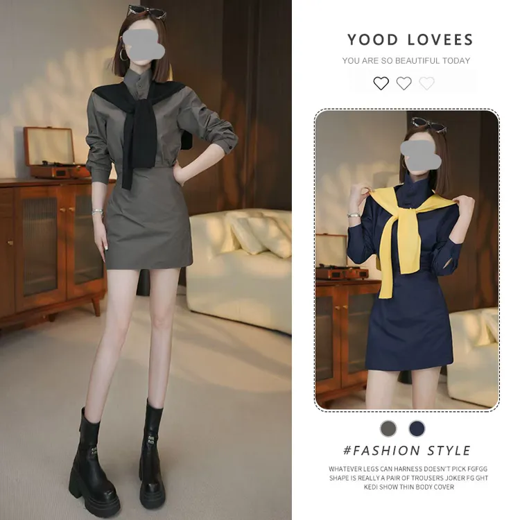 法式气质通勤立领披肩衬衫连衣裙2026春秋新款休闲收腰一片式短裙