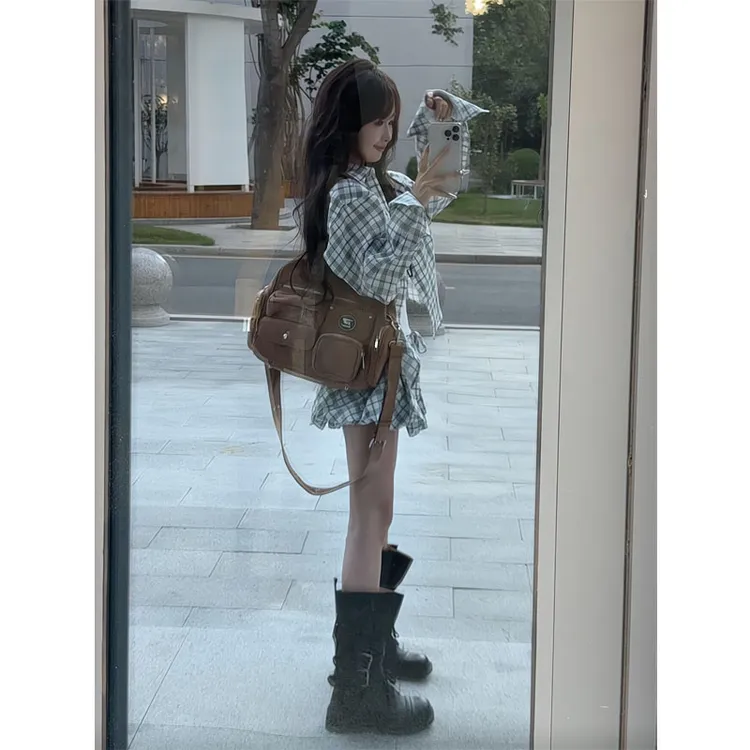 韩系穿搭一整套装女早秋新款学院风翻领长袖衬衫高腰花苞裙两件套